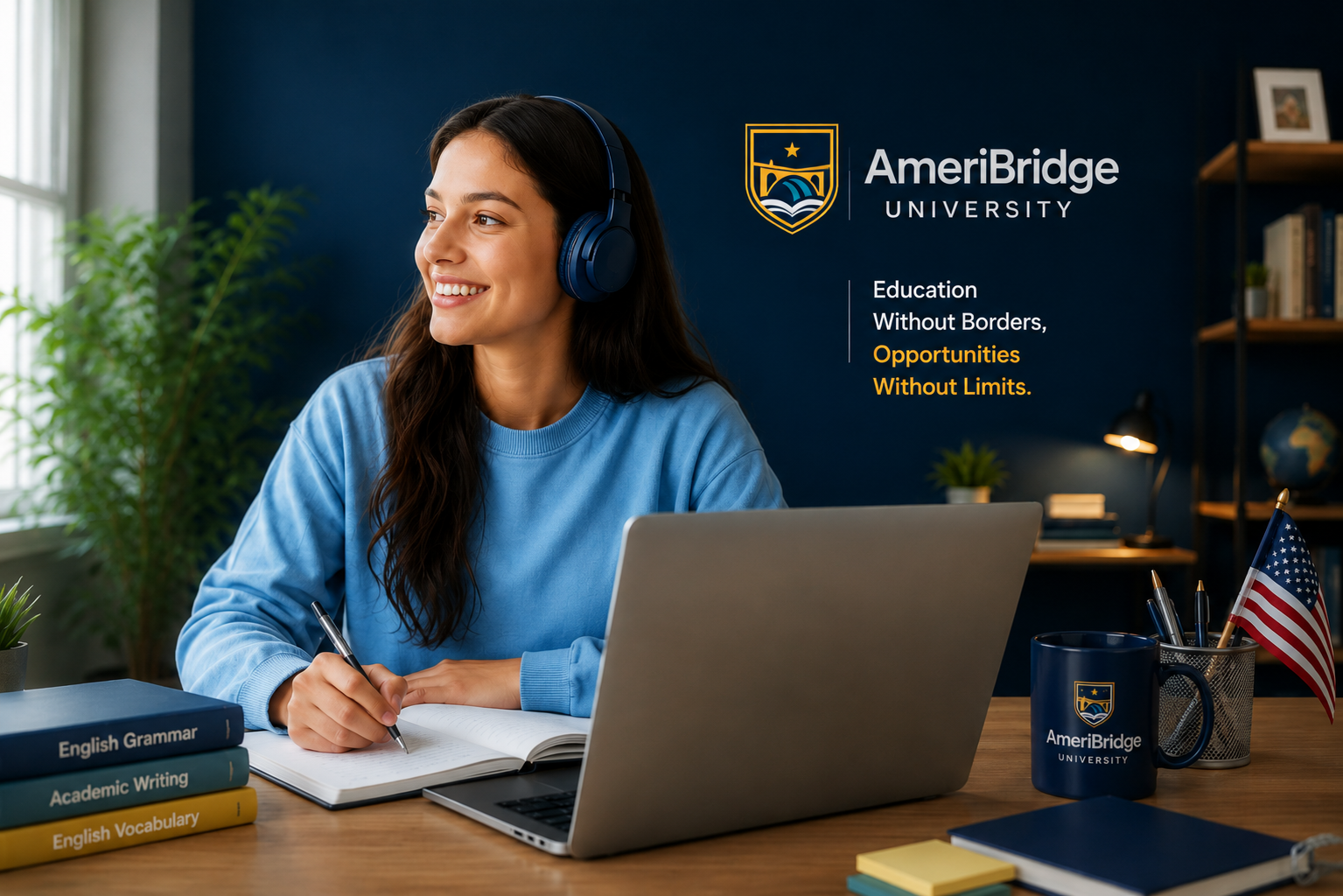 Student participating in the AmeriBridge online English program